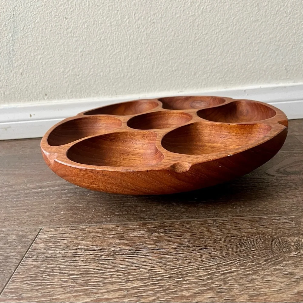 Vintage Teak Wood Lazy Susan Carousel Serving Bowl 12